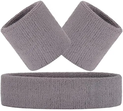Hatstar 3-teiliges Schweißband Set | 1x Stirnband + 2X Schweißbänder für Handgelenke | Sport Stirnband Damen & Herren | Accessoire für Karneval & Fasching | Headband Wristband für Jugendliche (grau)