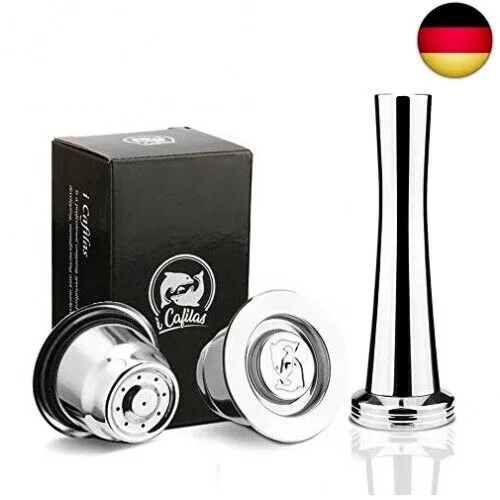 i Cafilas wiederverwendbare nachfüllbare Espresso Kaffee-Kapseln für Nespresso (2 Stück) mit Kaffee Filter aus Edelstahl, kompatibel mit Nespressomaschinen, inklusive 1 Stampfer, 1 Löffel, 1 Bürs