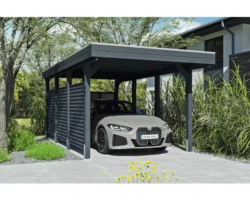 Skan Holz Carport Friesland Hybrid 314 cm x 555 cm Anthrazit - Moderne Flachdach-Carport aus imprägniertem Nadelholz mit stabilen Aluminium-Trapezprofilwänden. Ideal für Schutz und Stil in Ihrem Garten.