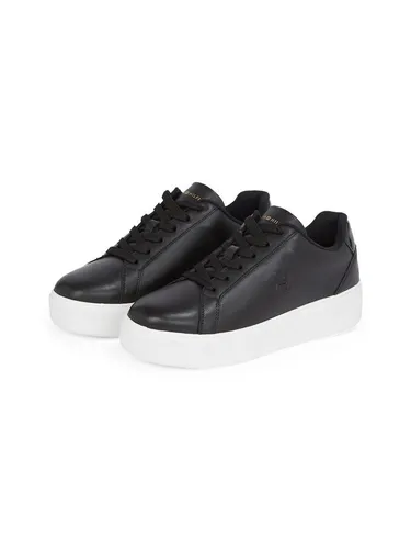 Plateausneaker TOMMY HILFIGER "TH PLATFORM COURT SNEAKER" - Damen Sneaker aus schwarzem Leder mit sportlichem Design und Kontrastbesatz an der Ferse, ideal für lässige Freizeitlooks.