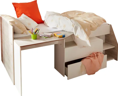 Parisot Hochbett Milky mit Arbeitsfläche und Kommode - Betten mit extra Stauraum, inklusive abgeschrägter Arbeitsplatte und 2 Schubkästen für optimale Raumnutzung.