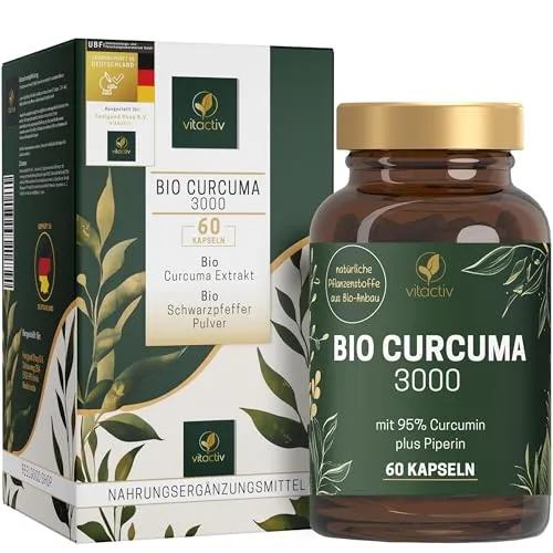 VITACTIV Bio Curcuma 3000 - Hochdosierte Kurkuma Kapseln - Pflanzliches Ergänzungsmittel Kurkuma mit 3000mg Curcuma Pulver pro Kapsel, inklusive Piperin für optimale Bioverfügbarkeit. 100% vegan und ohne künstliche Zusätze.