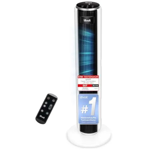Levoit Classic 36 AC Turmventilator - Luftreiniger mit 90°-Oszillation und 28 dB für ruhigen Genuss; ideal für Schlafzimmer, Büros und Wohnzimmer – leistungsstark und energieeffizient.