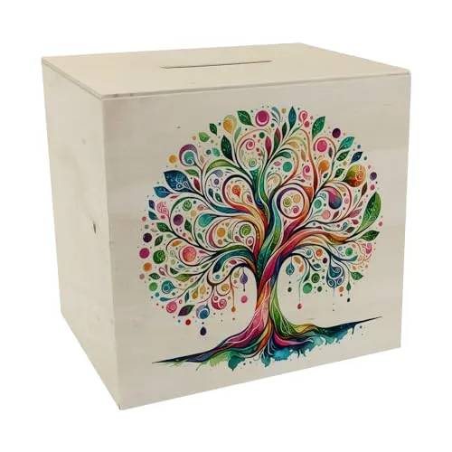 Lebensbaum Spardose aus Holz Aquarell-Stil Kunstwerk Bunter Energie-Spender für Ihre Familie Farbenfroher Baum der Stärke