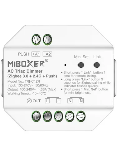 Miboxer Dæmper - AC - TRIAC - 300W - 230V - Zigbee 3.0 - Zuverlässiger AC TRIAC Dimmer mit Zigbee 3.0 für einfache Lichtsteuerung. Kompatibel mit Amazon Alexa und Google Home – ideal für Ihr Smart Home.