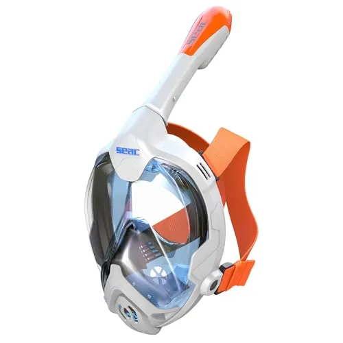 Seac Magica, Schnorchelmaske Vollgesichtsmaske Anti-Beschlag System mit einem weichen Maskenkörper, Dry Top Schnorchel mit Auslassventil, weiß/orange, XS/S