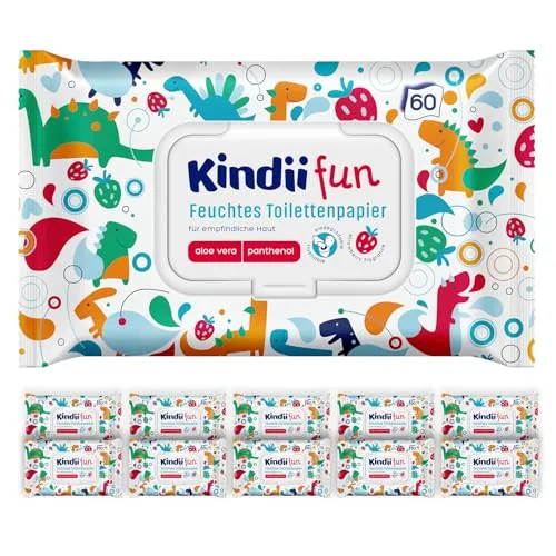 Kindii Fun Feucht-Toilettenpapier – (1x60 Stück) Feuchtes Toilettenpapier – für Kinder, Kamille, Aloe Vera, pH-neutral, spülbar – 60 Stück
