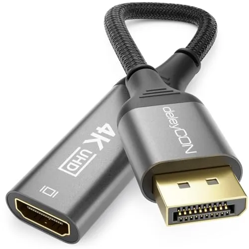 deleyCON 4K DisplayPort zu HDMI Adapter (für HDMI Monitor/TV/Beamer) - Unidirektional - 4K@60Hz, 1080P WQHD @165Hz 144Hz 120Hz 60Hz - für Display-Port Computer Grafikkarte Gaming PC