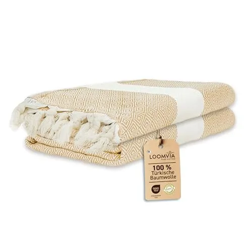 Loomvia | 2er Pack | Hamamtuch groß 100x180 aus 100% Baumwolle – Strandtuch, Saunatuch, Badetuch, Saunahandtuch | Saugstark & leicht | Saunatuch Damen & Herren für Strand, Sauna, Bad | Beige