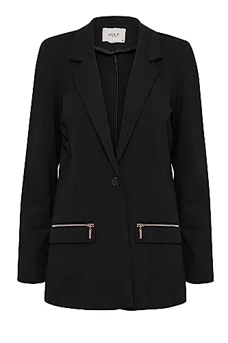 PULZ JEANS PZKIRA Blazer Damen Blazer Longblazer Jacke mit Reverskragen und Knopf mit Reißverschluss mit Stretch, Größe:L, Farbe:Black Beauty (193911)