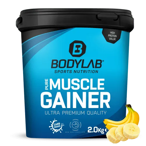 Bodylab24 Pure Muscle Gainer Banane 2000g - Gewichtsmanagement Shakes, perfekter Weight Gainer mit 40g Protein und 33g natürlichen Kohlenhydraten pro 100g, ideal für den Masseaufbau.