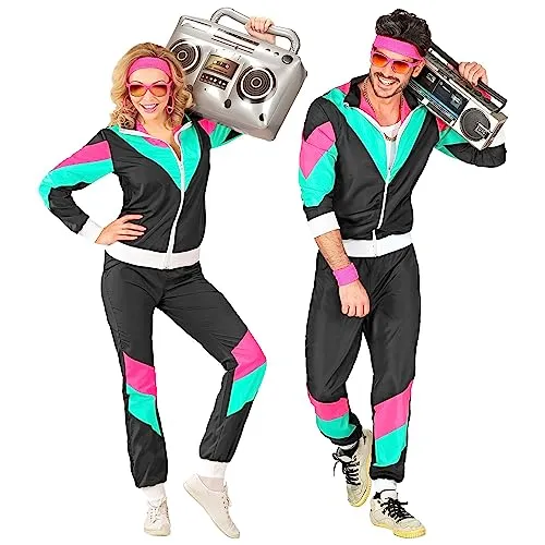 W WIDMANN MILANO Party Fashion - Kostüm Trainingsanzug, schwarz 80er Jahre Outfit mit bunten Streifen, ideal für Gruppenkostüme und Bad Taste Parties