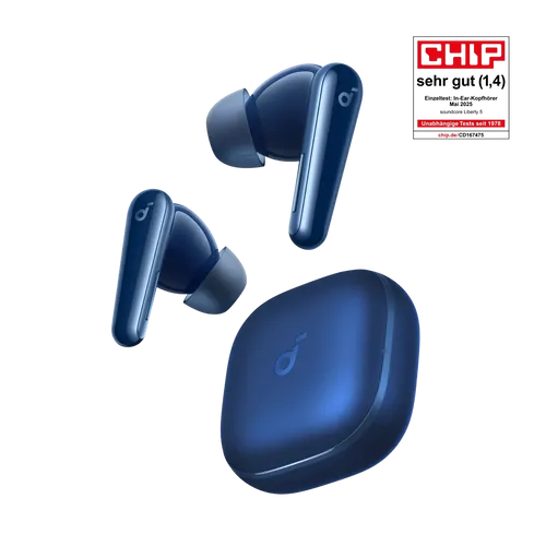 SOUNDCORE BY ANKER Liberty 5 In-ear Kopfhörer Bluetooth Ozean-Blau - Kopfhörer mit fortschrittlichem Noise Cancelling, 2x stärkere Stimmreduktion und bis zu 48 Std. Akkulaufzeit, ideal für ungestörtes Hören unterwegs.