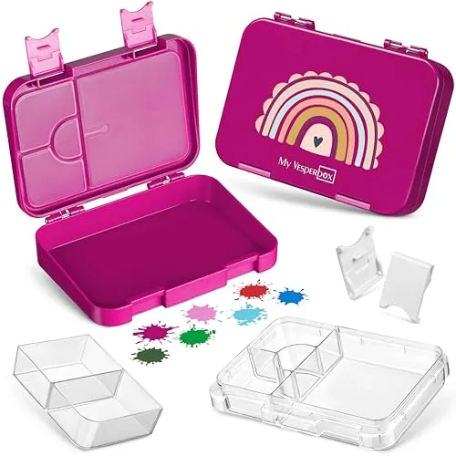 My Vesperbox – Len - Bento Box Kinder - Lunchbox mit 4+2 Fächern - extrem robust – Brotdose – Brotbox ideal für Kindergarten und Schule (Lila Regenbogen)