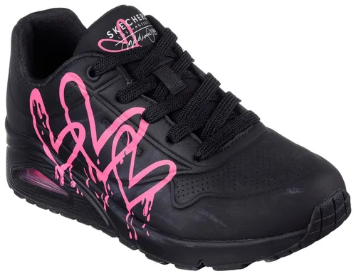 SKECHERS UNO DRIPPING IN LOVE Damen Sneaker - Sneaker aus Lederimitat in Schwarz mit Herzen-Graffiti-Print, ideal für den Casual-Look. Ausgestattet mit Skechers Air-Cooled Memory Foam für optimalen Tragekomfort.