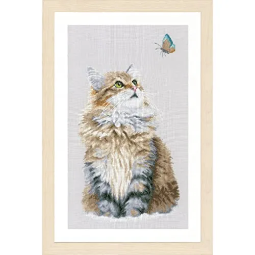 LanArte Kreuzstich Stickpackungen für Erwachsene, Kreuzstich Set vorgedruckt mit Stickbild auf 100% Baumwoll Stoff und Stickgarn, Stickvorlagen 25 x 42 cm mit Anleitung, Katze
