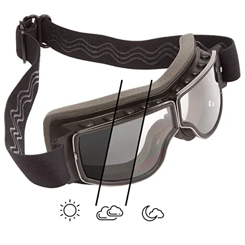 PiWear Nevada 24 DCL Motorradbrille - Sportbrille mit photochromatischen Gläsern, die sich bei UV-Einstrahlung tönen. Bruch- und kratzfest mit Antibeschlag-Beschichtung. Flexibles Kopfband und winddichtes Schaumstoffpolster für besten Tragekomfort.