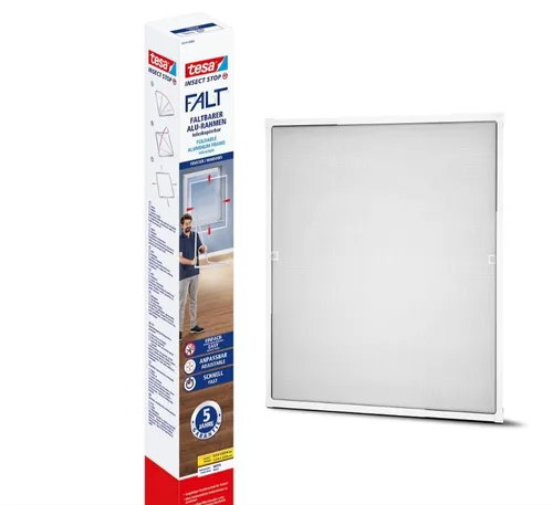 tesa Insect Stop FALT Fenster - Faltbares Fliegengitter mit Teleskoprahmen - Fliegengitter mit verstellbarem Aluminiumrahmen für effektiven Insektenschutz. Einfache Montage ohne Werkzeug, optimale Sicht und Luftzirkulation durch feines Netz.