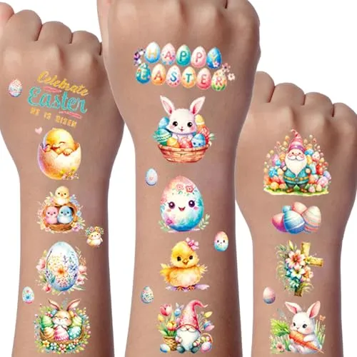 Easter Glitzer Tattoo Set Kinder, 12 Blätter Eierfarben Ostern Temporäre Tattoo für Kinder, Gifts für Kids, Osterei Hase Glitzer Tattoo Kinder Decoration, Easter Tattoos Deko Spielzeug
