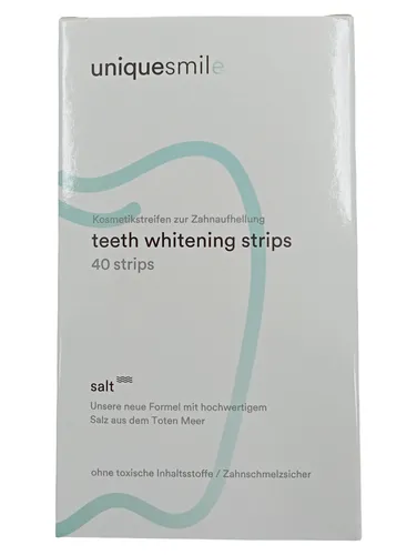Uniquesmile Zahnaufhellung Whitening Strips - Testsieger 2024 - Zahnbleachings ohne Peroxid für eine effektive Aufhellung von mindestens 3 Nuancen. Mit 100% natürlichen Inhaltsstoffen und rutschfester 4D Versiegelung für einfache Anwendung.