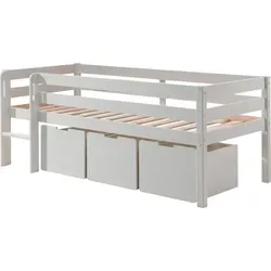 Kojenbett Karolina 208x105x83 - Massivholz Kinderbett in Weiß - Etagenbett aus Massivholz mit halbhoher Liegefläche, ideal für Dachschrägen. Inklusive 3 geräumigen Schubkästen für optimalen Stauraum und Sicherheit durch umlaufenden Absturzschutz.