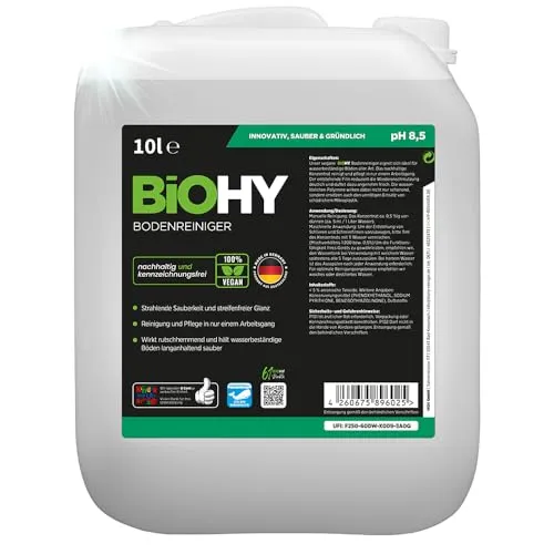 BiOHY Unterhaltsreiniger 10L - 100% vegan & nachhaltig - Bodenreiniger für Fliesen, Parkett & mehr, biologisch abbaubar mit frischem Zitrusduft. Beseitigt Schmutz streifenfrei und reduziert Wiederanschmutzung.