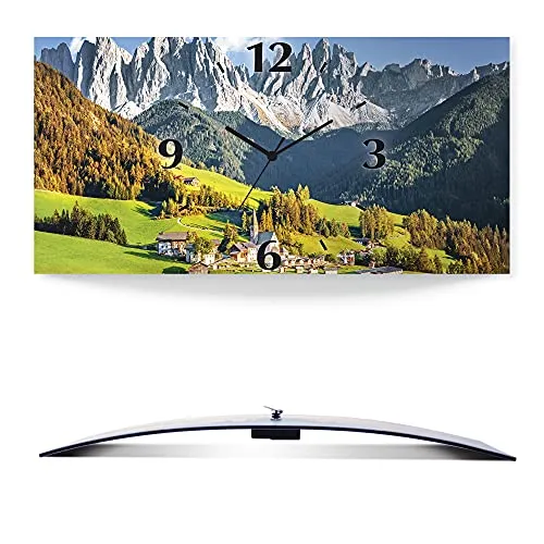 ARTLAND Wanddeko Wanduhr ohne Tickgeräusche Alu Funkuhr lautlos 60x30 cm Rechteckig Landschaftsbilder Natur Berge Alpen Tal Wald U1TF