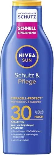 NIVEA SUN Schutz & Pflege Sonnenlotion LSF 30, wasserfester Sonnenschutz - Hochwirksamer Sonnenschutz – Die NIVEA Sonnencreme LSF 30 bietet zuverlässigen Schutz vor UV-Strahlen und sorgt für 48h Feuchtigkeit. Schnell einziehend und ohne Rückstände, ideal für den täglichen Einsatz.