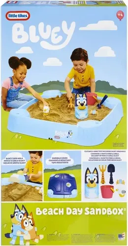 Bluey Beach Day Sandbox - Bunter Sandkasten für kreatives Spielen im Freien, ideal für Kinder. Maße: 86,36 cm Breite, 45,72 cm Länge, leicht und handlich für den Einsatz im Garten.