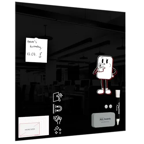ALLboards Glasboard 50x50 cm, SCHWARZ - Elegant und sicher - Präsentationstafel aus 4mm gehärtetem Glas, bruchsicher und stilvoll. Ideal für kreative Ideen, sicher an der Wand montierbar und farbecht für langanhaltende Nutzung.