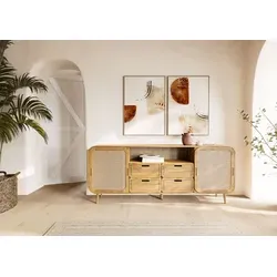 Sideboard Mango 200x40x80 natur lackiert VALENCIA #120 - Elegantes Sideboard aus massivem Mangoholz im Boho-Stil. Hochwertige Verarbeitung mit Wiener Geflecht und flexiblen Schiebetüren für stilvollen Stauraum. Perfekte Harmonie zwischen Naturholz und Rattan für ein gemütliches Ambiente.
