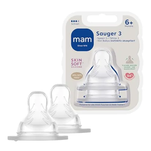MAM Sauger Größe 3 im Doppelpack, Flaschensauger (Durchflussrate schnell), weicher Trinksauger passend für Flaschen/Trainer, ab 6+ Monate