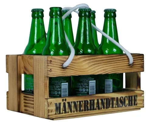 Holzkiste "Männerhandtasche" für 6 Getränke – Stilvoll und Praktisch - Die rustikale Holzkiste für echte Kerle: Stilvoll Getränke transportieren! Platz für bis zu 6 Flaschen, mit bequemen Tragegriffen. Ideal für Ausflüge und Männerabende. Hochwertiges Holz sorgt für Langlebigkeit und einzigartigen Charme.