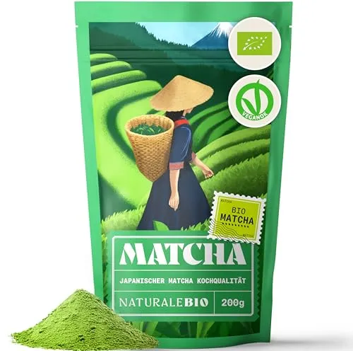NaturaleBio Green Tea Pulver 200g. Zum Kochen und Backen. Originaler japanischer Matcha. Grüner Tee aus Japan, Vegan, Gluten & Gentechnik frei. Natürliches Bio-Produkt.