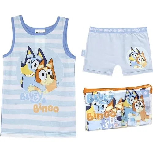 Bluey Bib Short Pyjamas - Farbe Blau - Größe 3 Jahre - Pyjamas Inside Pouch - Hergestellt aus 100% Baumwolle 145gsm - Bluey und Bingo Print - Original Produkt entworfen in Spanien