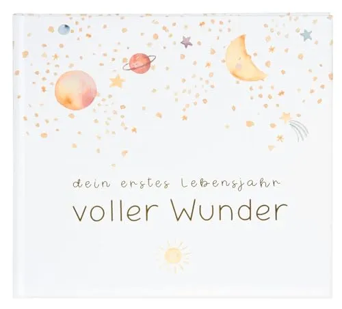 goldbuch Babytagebuch Voller Wunder Weltraum Weiß - Baby-Tagebuch mit 100 illustrierten Seiten, ideal für persönliche Erinnerungen. Hochwertiger Einband mit goldener Prägung und Nachthimmel-Motiv, perfekt als Geschenk zur Geburt oder Taufe.
