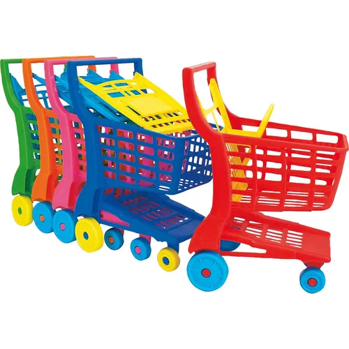 Einkaufswagen aus Kunststoff, sortiert L 35 x B 28 x H 53 cm - Spielmöbelzubehör - Robuster Einkaufswagen aus hochwertigem Kunststoff mit Kindersitz für die Puppe und großem Staufach, ideal für den Kaufladen und stundenlangen Spielspaß.