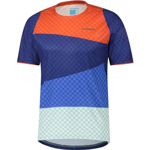 Shimano FUJIMI Short Sleeve Jersey, Red Navy - Trikots für MTB-Fahrer, leicht und atmungsaktiv, bietet Platz für Protektoren und sorgt mit reflektierenden Elementen für Sichtbarkeit.