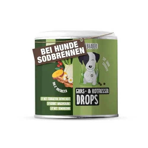 Gras und Kotfresser Drops von Tierliebhaber - Veganes Nahrungsergänzungsmittel für Hunde, das Sodbrennen natürlich lindert und das Wohlbefinden fördert. Hauptzutat: Süßkartoffel und Fenchel.