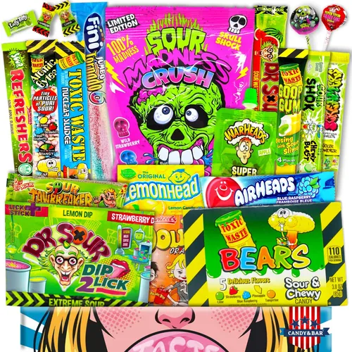 Saure USA Süßigkeiten Box | 20 Stück - Sonstige Süßigkeiten – 20-teiliges Set mit einer bunten Auswahl an sauren Bonbons und Kaugummis aus den USA, ideal als ausgefallenes Geschenk oder Geburtstagsüberraschung.