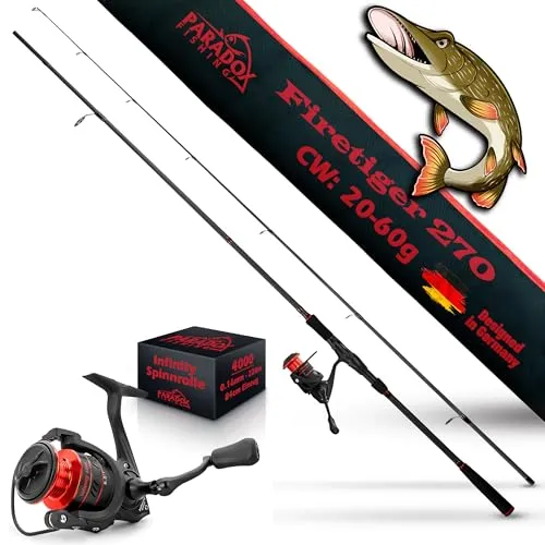 Paradox Fishing Firetiger Spinnrute mit Rolle 2,7m 20-60g - Ideal für Hechtangler – Diese Kombination aus Spinnrute und Rolle bietet eine hervorragende Performance beim Angeln. Die Hochleistungskohlefaser sorgt für weite Würfe, während die fein einstellbare Bremse jede Flucht mühelos abfängt.