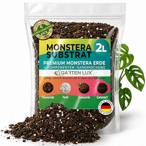 Garten Lux Premium Monstera Erde – 2L- 4-Komponenten Erde für Monstera – Luftdurchlässige Blumenerde für Monstera, Philodendron, Alocasia & Zimmerpflanzen