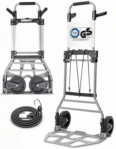 ONBEST Sackkarre klappbar 150 kg – Geprüfte Qualität, Vollgummireifen, 110 cm Griff, große Ladefläche – Faltbare Transportkarre/Trolley mit Rollen inkl. 150 cm Gurt – Umzugshelfer & Transporthilfe