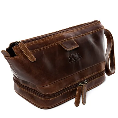 SID & VAIN Kulturbeutel NOTTINGHAM - Echt Leder Kosmetiktasche groß braun - Hochwertiger Kulturbeutel aus echtem Leder, ideal für Reisen und Freizeit. Handgefertigt mit viel Liebe zum Detail, bietet er ausreichend Platz für alles Wichtige und wird zum stilvollen Begleiter.