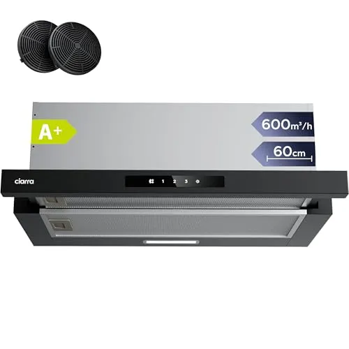 CIARRA CBCB6909A  Dunstabzugshaube 60 cm 600 m³/h Flachschirmhaube mit CBCF055 Aktivkohlefilter Touch-Bedienung Integrierte Flach Abluft Umluft Abzugshaube 3 Leistungsstufen für Küchen Schwarz