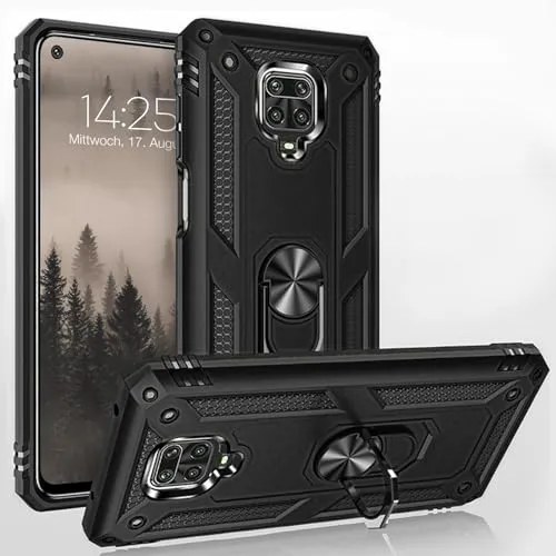 LBH Outdoor Hülle für Xiaomi Redmi Note 9 Pro Armor Militär Stoßfest Handyhülle 360 Grad Metal Ring Halter Ständer Schutzhülle für Handyhalterung Auto Magnet Schwarz