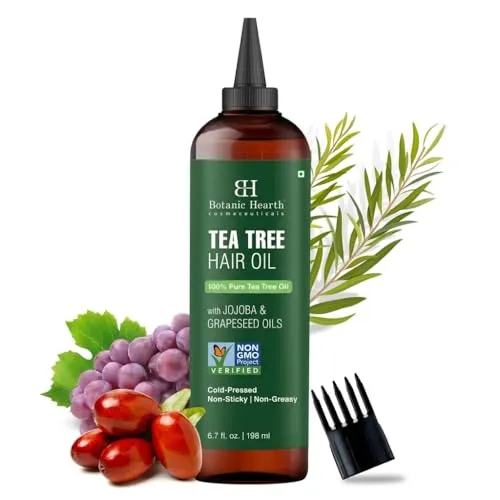 Botanic Hearth Teebaumöl Haaröl 198ml | Haaröl für Haarwachstum | Beruhigt juckende Kopfhaut & bekämpft Schuppen | Mit Jojobaöl & Traubenkernöl | Non-GMO