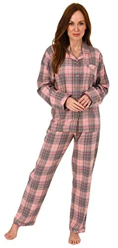 Damen Flanell Pyjama Schlafanzug kariert mit Hemdkragen - Karo grau, Größe 40/42 - Kuschelig weicher Flanell-Pyjama für kalte Nächte. Mit klassischem Hemdkragen und durchgehender Knopfleiste für optimalen Tragekomfort. 100 % Baumwolle, geprüft auf Schadstoffe – ideal für entspannte Stunden zu Hause.