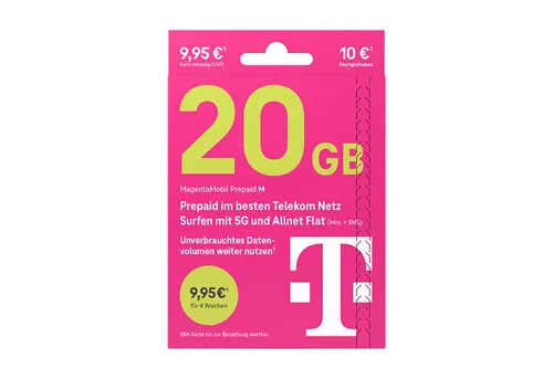 Telekom MagentaMobil Prepaid M SIM-Karte mit 10 € Startguthaben - Nutze die Telekom MagentaMobil Prepaid M Karte für 20 GB Highspeed-Datenvolumen im 5G-Netz. Ideal für flexibles Surfen und Telefonieren in Deutschland und EU, ohne versteckte Kosten.