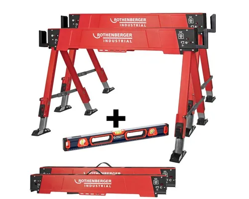 ROTHENBERGER Industrial DUO Falt Arbeitsbock + WS24 Premium Wasserwaage 60 cm - Höhenverstellbarer Metall-Arbeitsbock für sicheres Arbeiten in Werkstatt und Baustelle. Belastbar bis 600 kg, mit seitlichen Halterungen für stabile Verbindung. Ideal für vielseitige Projekte und einfach zu transportieren.
